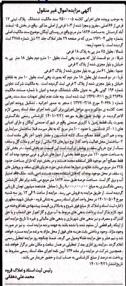 مزایده مزایده ششدانگ پلاک ثبتی 17 فرعی از 66 اصلی