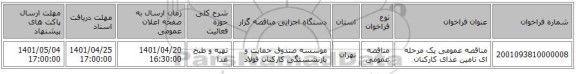 مناقصه، مناقصه عمومی یک مرحله ای تامین غذای کارکنان