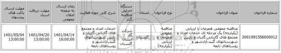 مناقصه، مناقصه عمومی همزمان با ارزیابی (یکپارچه) یک مرحله ای خدمات امداد و مجتمع های گازبانی،گازبان و بازبین شهرستانهای گنبد،آزادشهر و روستاهای تابعه