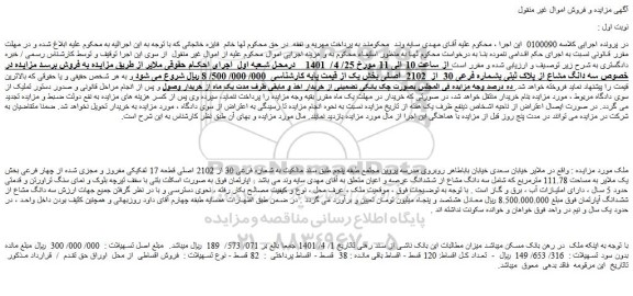 مزایده ملک به پلاک ثبتی بشماره فرعی 30 از 2102 اصلی