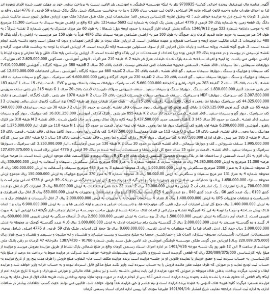 آگهی مزایده شش دانگ پلاک شماره 59 فرعی از 4776 اصلی واقع در بخش 1 و غیره ...