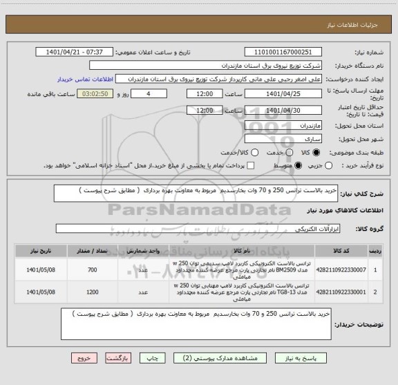 استعلام خرید بالاست ترانس 250 و 70 وات بخارسدیم  مربوط به معاونت بهره برداری  ( مطابق شرح پیوست )