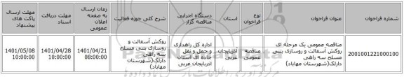 مناقصه، مناقصه عمومی یک مرحله ای روکش آسفالت و روسازی بتنی مسلح سه راهی دارلک(شهرستان مهاباد)