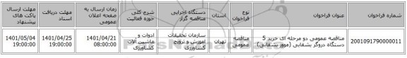 مناقصه، مناقصه عمومی دو مرحله ای خرید 5 دستگاه دروگر بشقابی (موور بشقابی)
