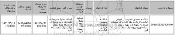 مناقصه، مناقصه عمومی همزمان با ارزیابی (یکپارچه) یک مرحله ای اجرای عملیات مربوط به نگهداری و بهره برداری از شبکه توزیع  نیروی برق شرق شهرستان کرج