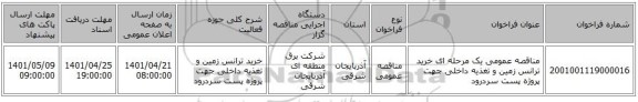 مناقصه، مناقصه عمومی یک مرحله ای خرید ترانس زمین و تغذیه داخلی جهت پروژه پست سردرود