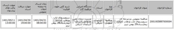 مناقصه، مناقصه عمومی دو مرحله ای سرویسهای ایاب وذهاب کارکنان بیمارستان29 بهمن تبریز