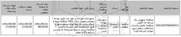 مناقصه، مناقصه عمومی یک مرحله ای آگهی مناقصه تکمیل واحداث پارک­های سطح شهر مهاباد (مرحله اول)
