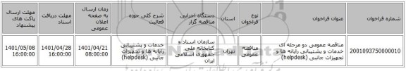 مناقصه، مناقصه عمومی دو مرحله ای خدمات و پشتیبانی رایانه ها و تجهیزات جانبی (helpdesk)
