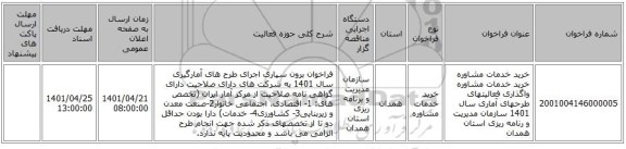 مناقصه، خرید خدمات مشاوره خرید خدمات مشاوره واگذاری فعالیتهای طرحهای آماری سال 1401 سازمان مدیریت و رنامه ریزی استان همدان
