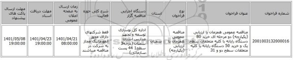مناقصه، مناقصه عمومی همزمان با ارزیابی (یکپارچه) دو مرحله ای خرید  80  دستگاه رایانه با کلیه متعلقات  سطح یک و خرید   50   دستگاه رایانه با کلیه متعلقات  سطح دو  و 31