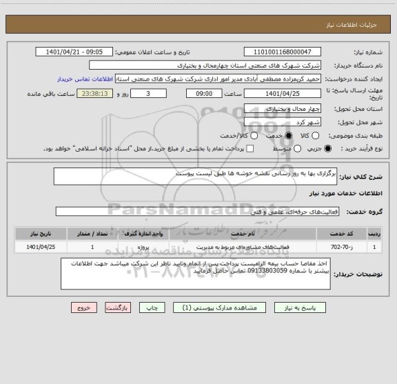 استعلام برگزاری بها به روز رسانی نقشه خوشه ها طبق لیست پیوست