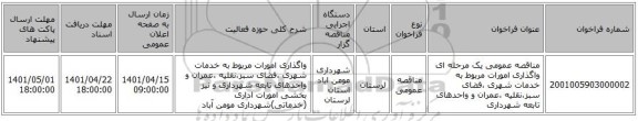 مناقصه، مناقصه عمومی یک مرحله ای واگذاری امورات مربوط به خدمات شهری ،فضای سبز،نقلیه ،عمران و واحدهای تابعه شهرداری