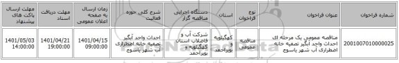 مناقصه، مناقصه عمومی یک مرحله ای احداث واحد آبگیر تصفیه خانه اضطراری آب شهر یاسوج