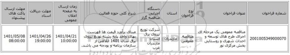 مناقصه، مناقصه عمومی یک مرحله ای اجرای طرح های توسعه و احداث  شهری و روستایی بخش مرکزی نور