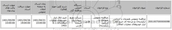 مناقصه، مناقصه عمومی همزمان با ارزیابی (یکپارچه) دو مرحله ای خرید اتاق ابزار خودروهای عملیات اتفاقات