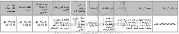 مناقصه، مناقصه عمومی همزمان با ارزیابی (یکپارچه) یک مرحله ای واگذاری عملیات نصب و اصلاح انشعابات منطقه جنوب شرق استان