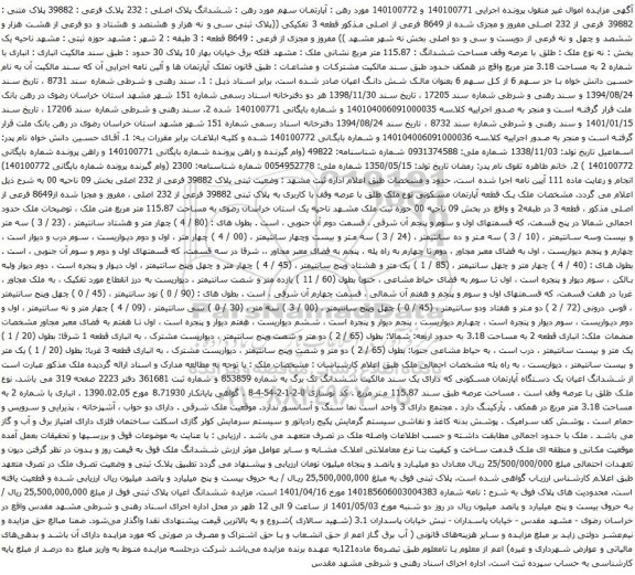 آگهی مزایده ششدانگ پلاک اصلی : 232 پلاک فرعی : 39882 پلاک متنی : 39882 فرعی از 232 اصلی مفروز