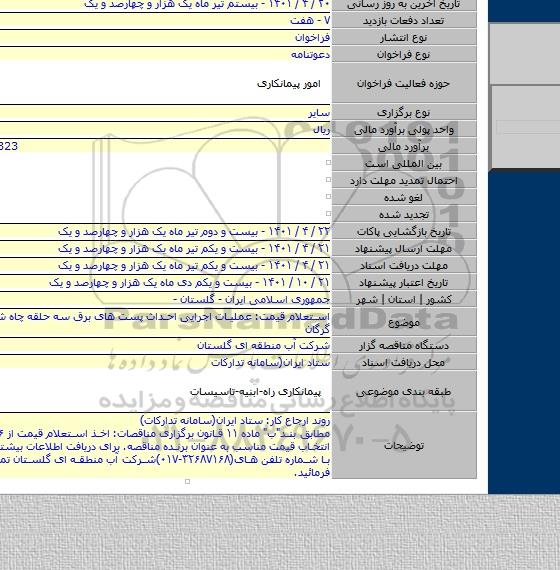 مناقصه, استعلام قیمت: عملیات اجرایی احداث پست های برق سه حلقه چاه شصت کلاته گرگان