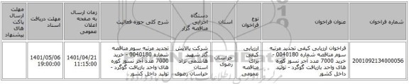 مناقصه، فراخوان ارزیابی کیفی تجدید مرتبه سوم مناقصه شماره 0040180 - خرید 7000 عدد آجر نسوز کوره های واحد بازیافت گوگرد - تولید داخل کشور