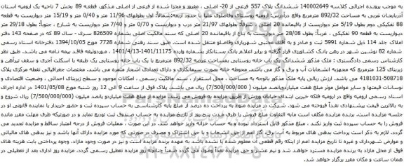 آگهی مزایده ششدانگ پلاک 557 فرعی از 20- اصلی ، مفروز و مجزا شده از فرعی از اصلی مذکور