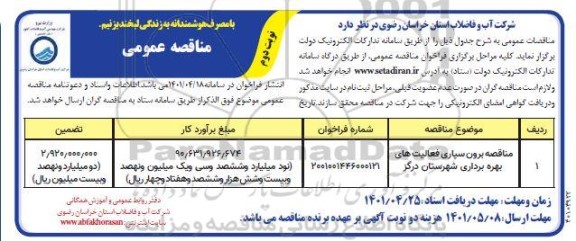 مناقصه برون سپاری فعالیت های بهره برداری - نوبت دوم
