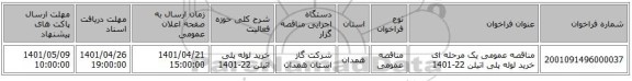مناقصه، مناقصه عمومی یک مرحله ای خرید لوله پلی اتیلن 22-1401
