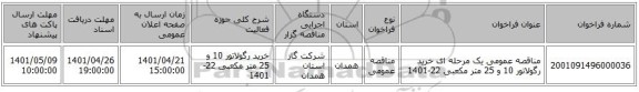 مناقصه، مناقصه عمومی یک مرحله ای خرید رگولاتور 10 و 25 متر مکعبی 22-1401