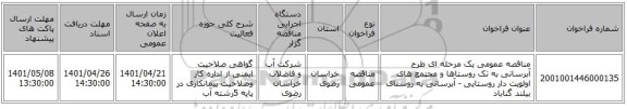 مناقصه، مناقصه عمومی یک مرحله ای طرح آبرسانی به تک روستاها و مجتمع های اولویت دار روستایی - آبرسانی به روستای بیلند گناباد