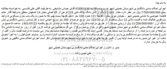 مزایده شش دانگ پلاک ثبتی 218 فرعی از 45 اصلی