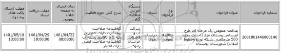 مناقصه، مناقصه عمومی یک مرحله ای طرح آبرسانی روستای مزار (احداث مخزن 500 مترمکعبی،شبکه توزیع وخطوط انتقال) شهرستان بجستان
