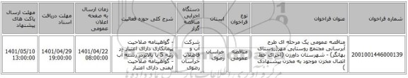 مناقصه، مناقصه عمومی یک مرحله ای طرح آبرسانی مجتمع روستایی مهر(روستای بهانگر) - شهرستان داورزن (اجرای خط اتصال مخزن موجود به مخزن پیشنهادی )