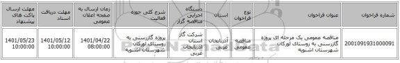 مناقصه، مناقصه عمومی یک مرحله ای پروژه گازرسنی به روستای لورکان شهرستان اشنویه
