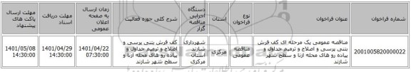 مناقصه، مناقصه عمومی یک مرحله ای کف فرش بتنی پرسی و اصلاح و ترمیم جداول و پیاده رو های محله ازنا و سطح شهر شازند