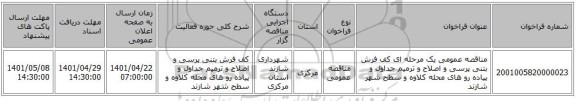 مناقصه، مناقصه عمومی یک مرحله ای کف فرش بتنی پرسی و اصلاح و ترمیم جداول و پیاده رو های محله کلاوه و سطح شهر شازند