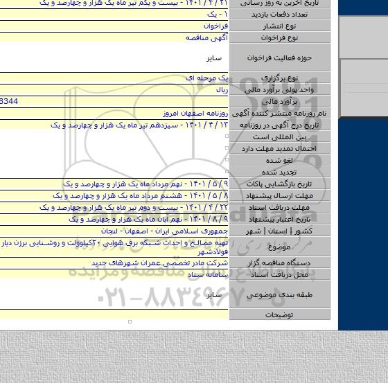 مناقصه, تهیه مصالح و احداث شبکه برق هوایی ۲۰کیلوولت و روشنایی برزن دیار شهر جدید فولادشهر