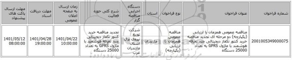 مناقصه، مناقصه عمومی همزمان با ارزیابی (یکپارچه) دو مرحله ای تجدید مناقصه خرید کنتور تکفاز دیجیتالی چند تعرفه هوشمند با ماژول GPRS به تعداد 25000 دستگاه