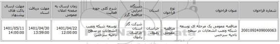 مناقصه، مناقصه عمومی یک مرحله ای توسعه شبکه ونصب انشعابات در سطح ناحیه سرخس