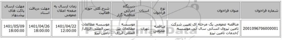 مناقصه، مناقصه عمومی یک مرحله ای تعیین شرکت تامین نیروی انسانی سال آتی موسسه /خدمات تامین نیرو