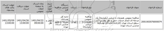 مناقصه، مناقصه عمومی همزمان با ارزیابی (یکپارچه) یک مرحله ای انجام خدمات حمل و نقل نظارتی ( در سطح استان تهران )کارکنان اداره کل نوسازی مدارس استان تهران