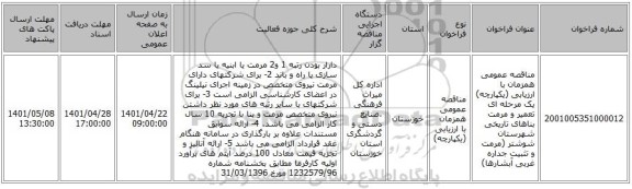 مناقصه، مناقصه عمومی همزمان با ارزیابی (یکپارچه) یک مرحله ای تعمیر و مرمت بناهای تاریخی شهرستان شوشتر (مرمت و تثبیت جداره غربی آبشارها)