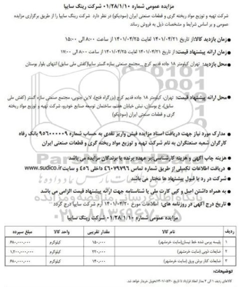 مزایده عمومی پلیسه پرس شده خط نیسان ...