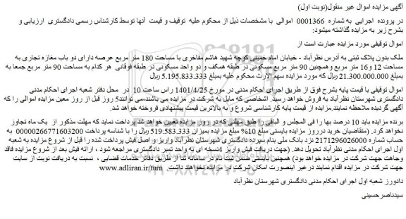 مزایده دو باب مغازه تجاری به مساحت 12 و16 متر مربع