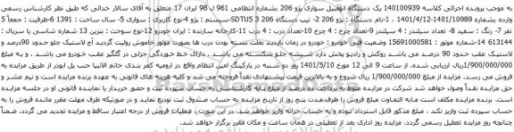 آگهی مزایده یک دستگاه اتومبیل سواری پژو 206