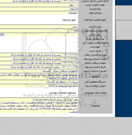 مناقصه, استعلام قیمت: انجام عملیات برداشت میدانی مسیر زهکش های اصلی درجه یک و دو اراضی اولویت دار منطقه ۲
