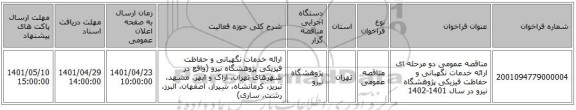 مناقصه، مناقصه عمومی دو مرحله ای ارائه خدمات نگهبانی و حفاظت فیزیکی پژوهشگاه نیرو در سال 1401-1402