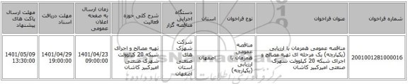 مناقصه، مناقصه عمومی همزمان با ارزیابی (یکپارچه) یک مرحله ای تهیه مصالح و اجرای شبکه 20 کیلوولت شهرک صنعتی امیرکبیر کاشان