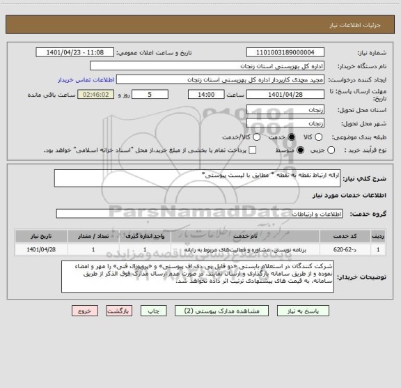 استعلام ارائه ارتباط نقطه به نقطه * مطابق با لیست پیوستی*