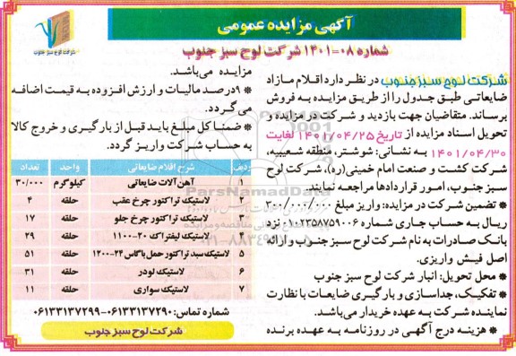 مزایده فروش اقلام ضایعاتی...