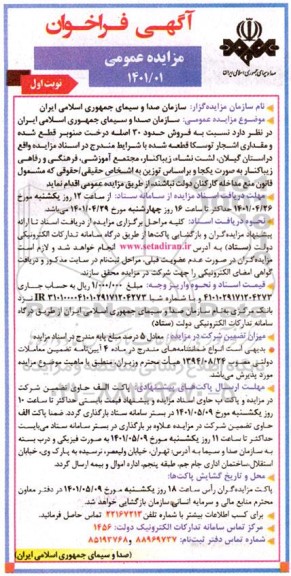 مزایده فروش 30 اصله درخت صنوبر قطع شده و مقدار اشجار توسکا قطعه شده
